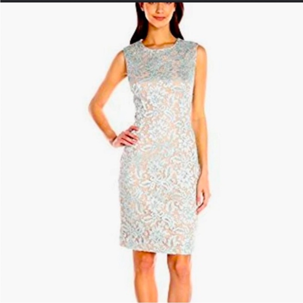 CARMEN MARC VALVO Green Foiled Illusion Lace Sleeveless Sheath Dress NWT Sz 12